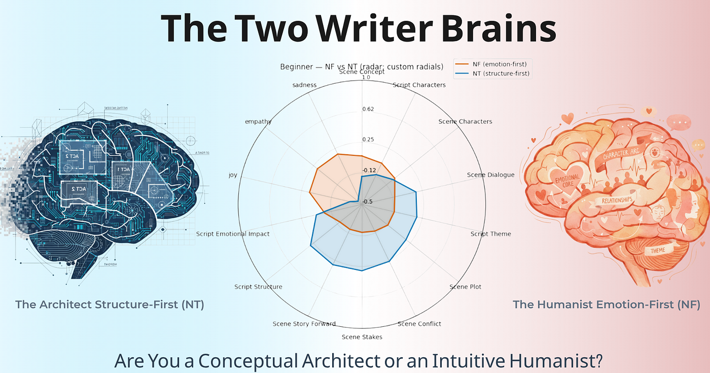 Split composition: technical blue brain and watercolor orange brain flanking a radar chart